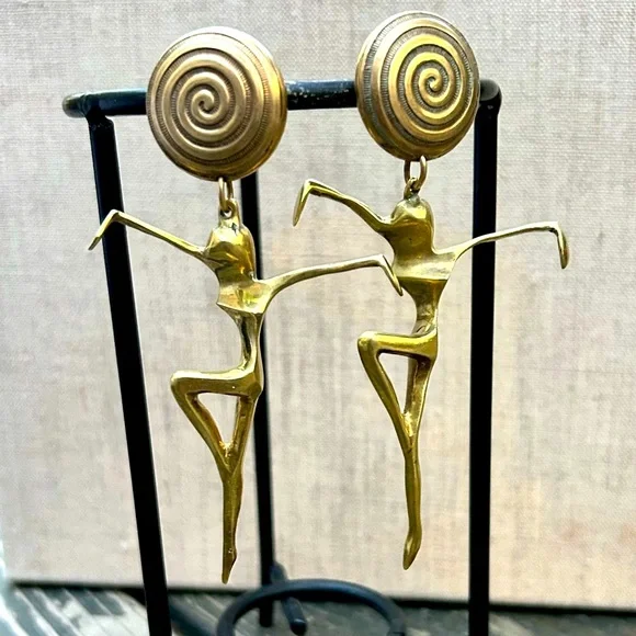 Vintage Brass Earrings Clip On Sculptural Modernist Ballet Dancer Ladies - Picture 2 of 11